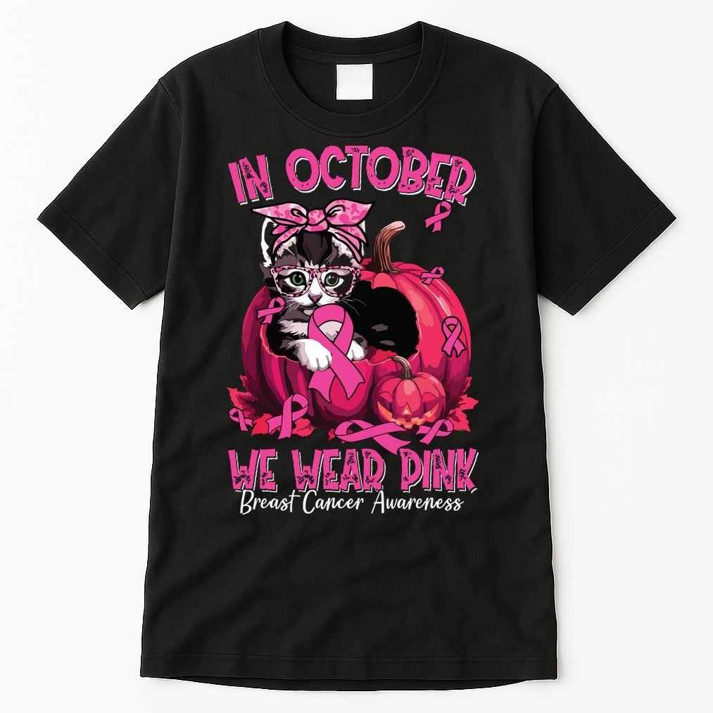 In October We Wear Cat Ribbon Breast Cancer Awareness Tall T-Shirt