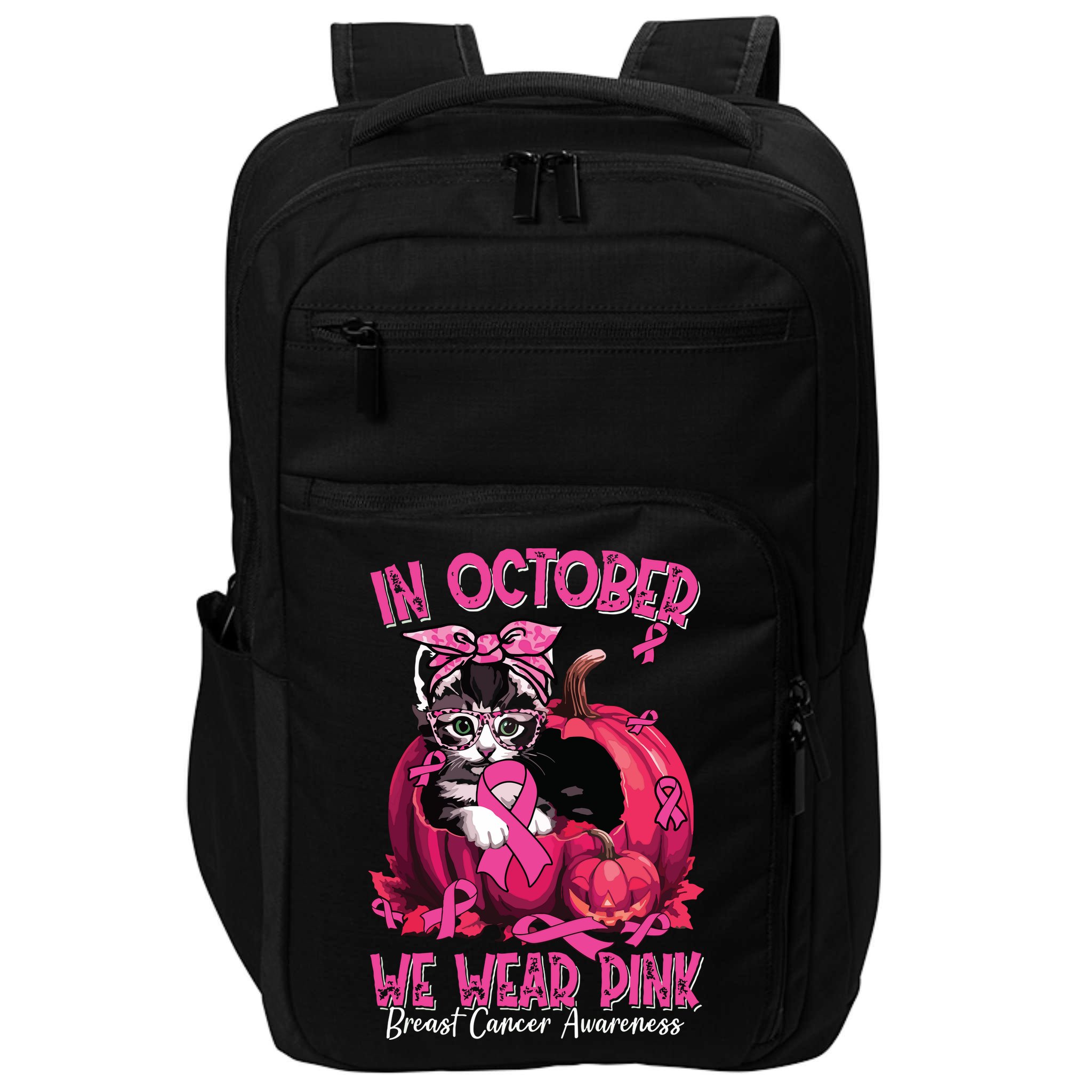 In October We Wear Cat Ribbon Breast Cancer Awareness Impact Tech Backpack