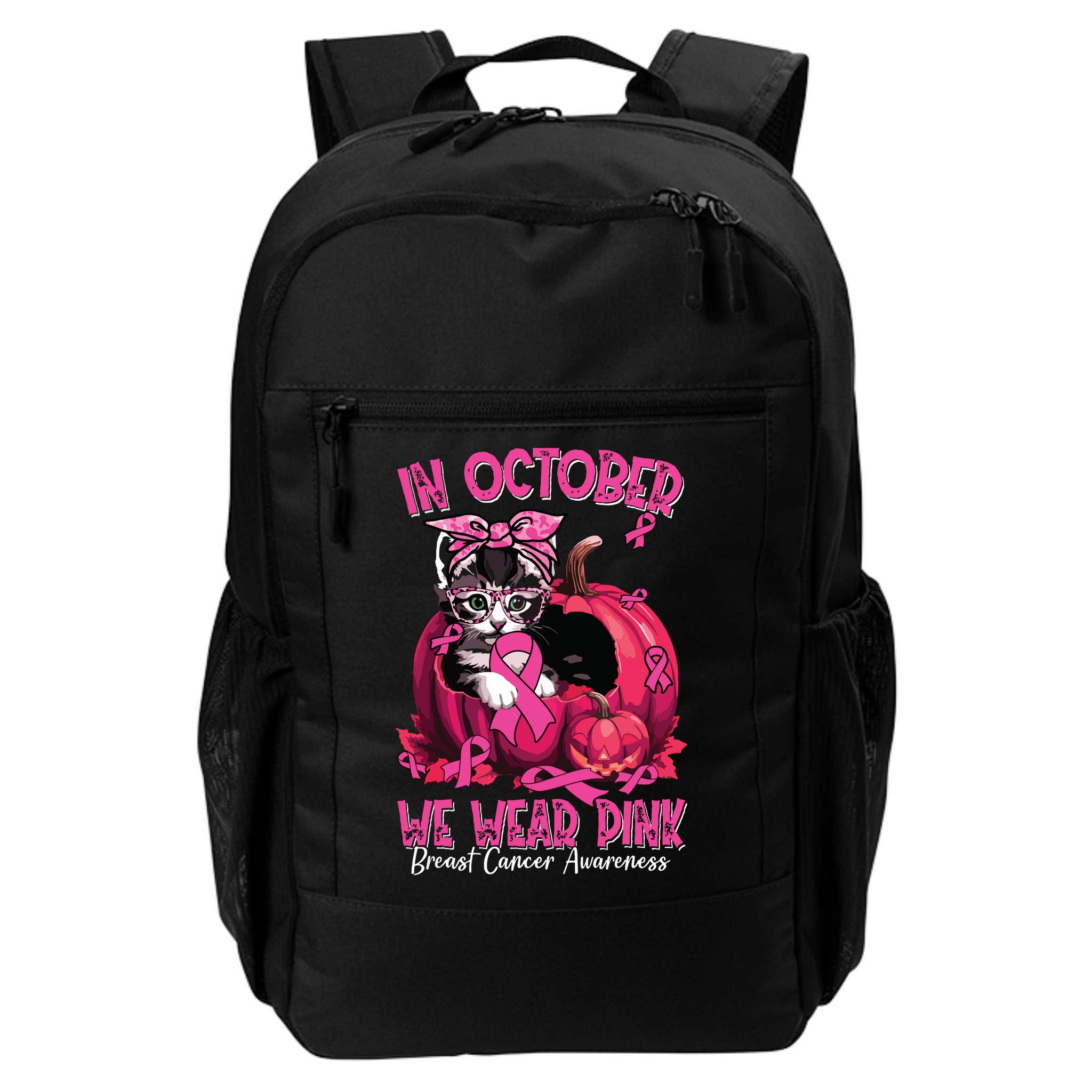 In October We Wear Cat Ribbon Breast Cancer Awareness Backpack