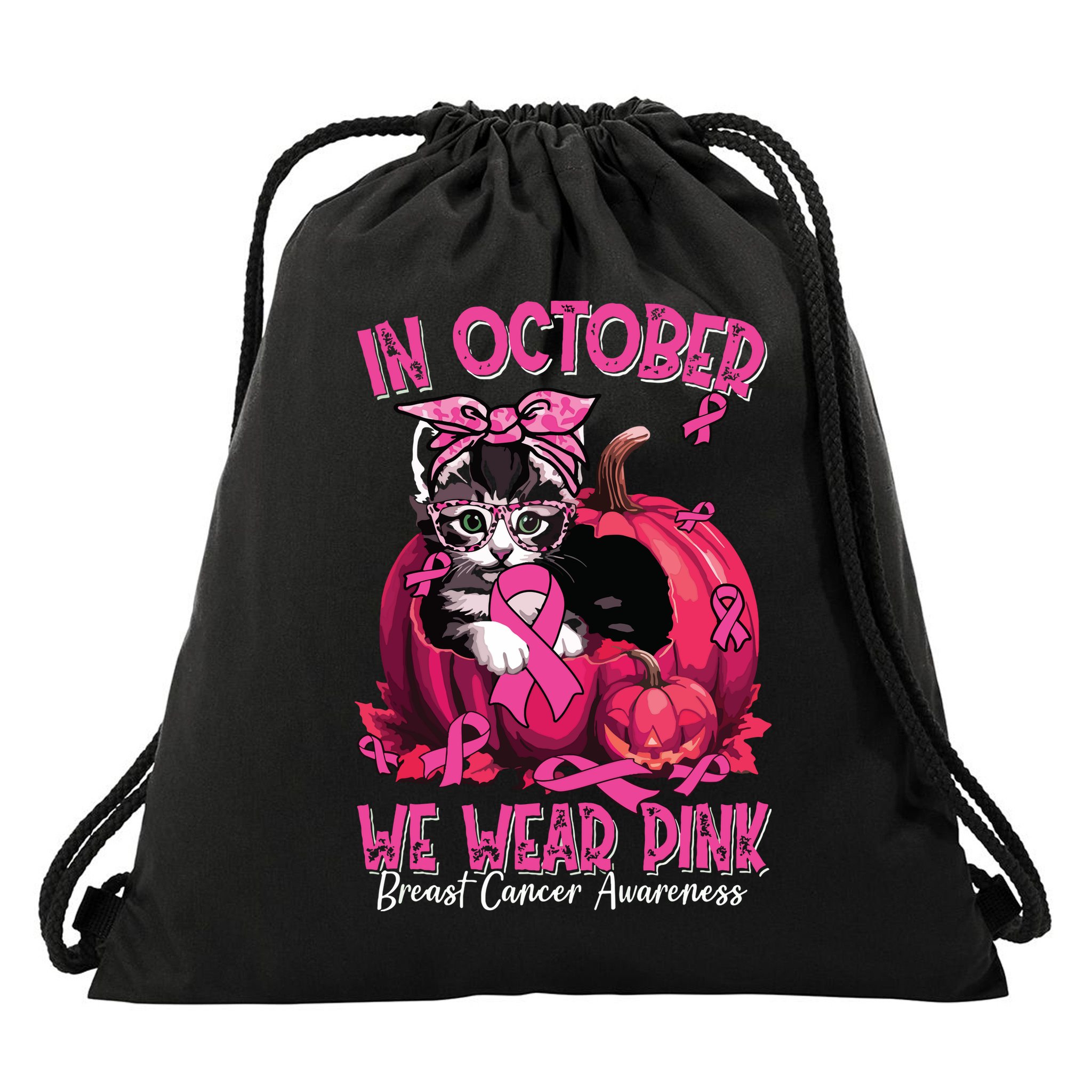 In October We Wear Cat Ribbon Breast Cancer Awareness Drawstring Bag