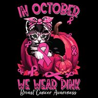 In October We Wear Cat Ribbon Breast Cancer Awareness Drawstring Bag
