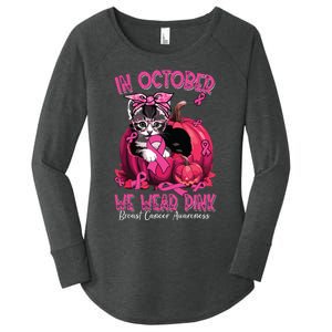 In October We Wear Cat Ribbon Breast Cancer Awareness Women's Perfect Tri Tunic Long Sleeve Shirt