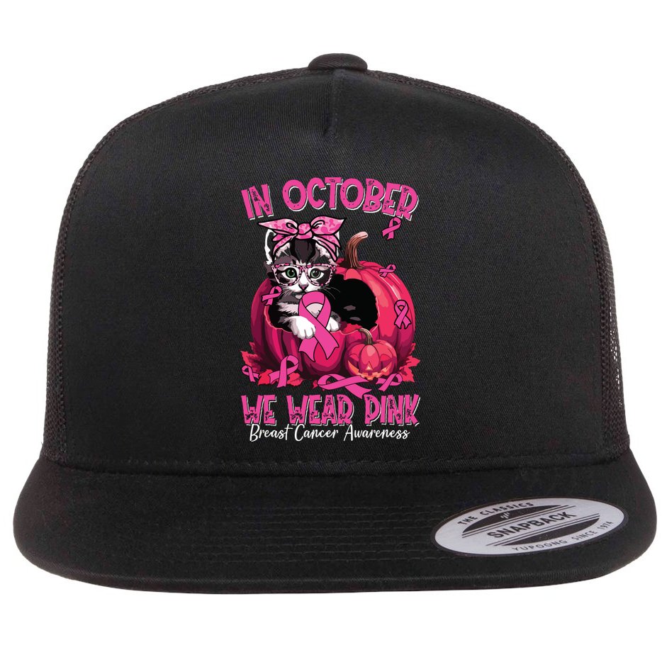 In October We Wear Cat Ribbon Breast Cancer Awareness Flat Bill Trucker Hat