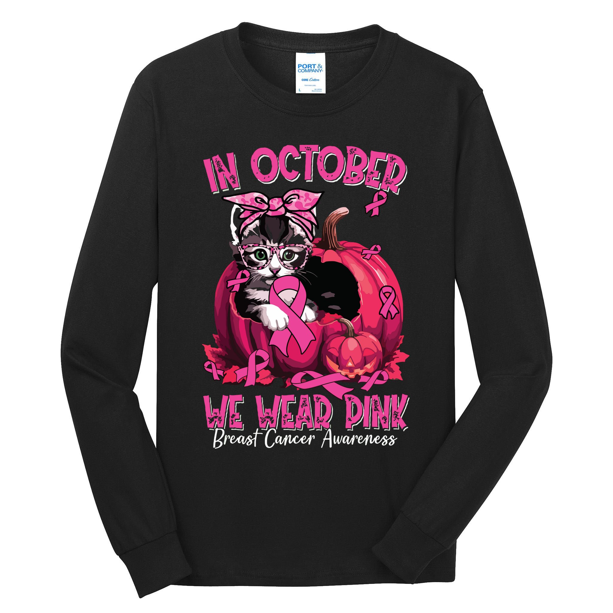 In October We Wear Cat Ribbon Breast Cancer Awareness Tall Long Sleeve T-Shirt