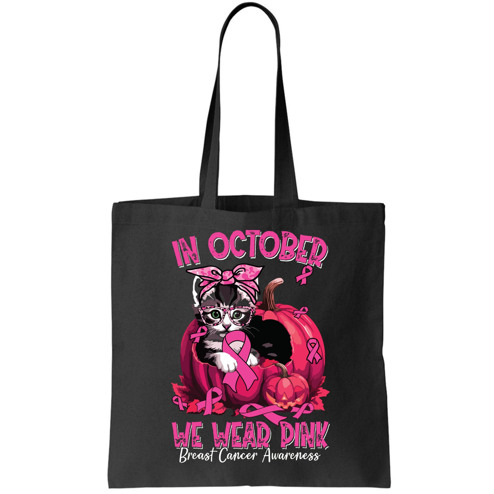 In October We Wear Cat Ribbon Breast Cancer Awareness Bag