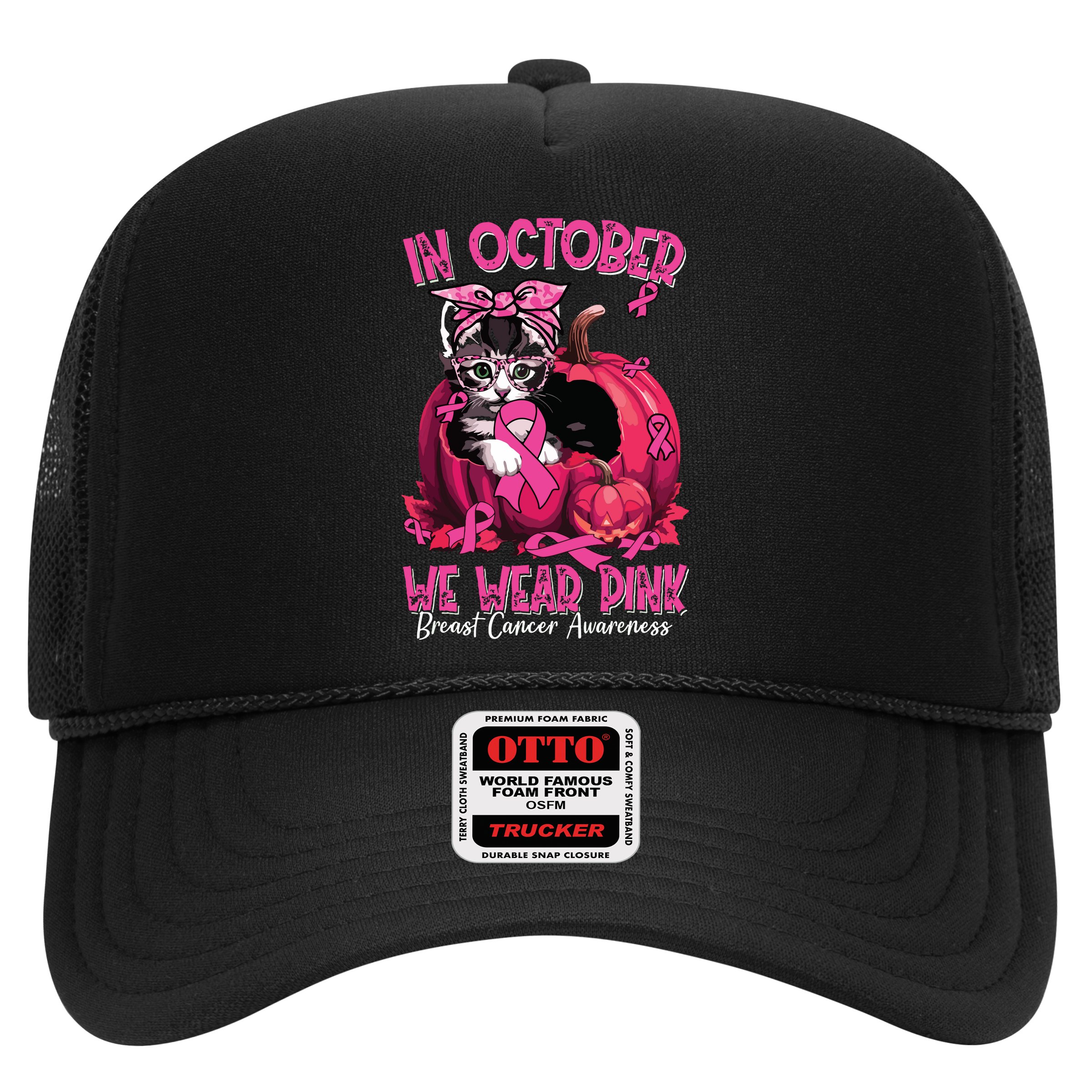 In October We Wear Cat Ribbon Breast Cancer Awareness Hat