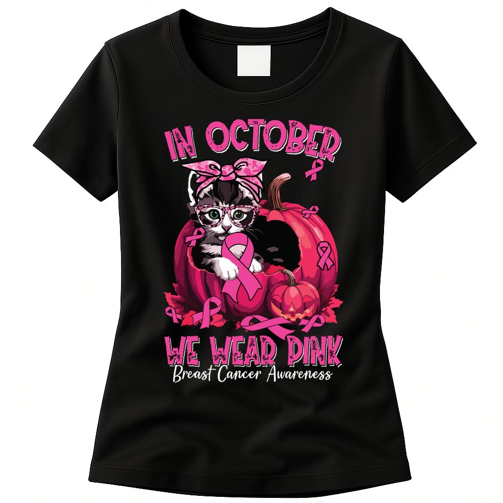 In October We Wear Cat Ribbon Breast Cancer Awareness Womens T-Shirt