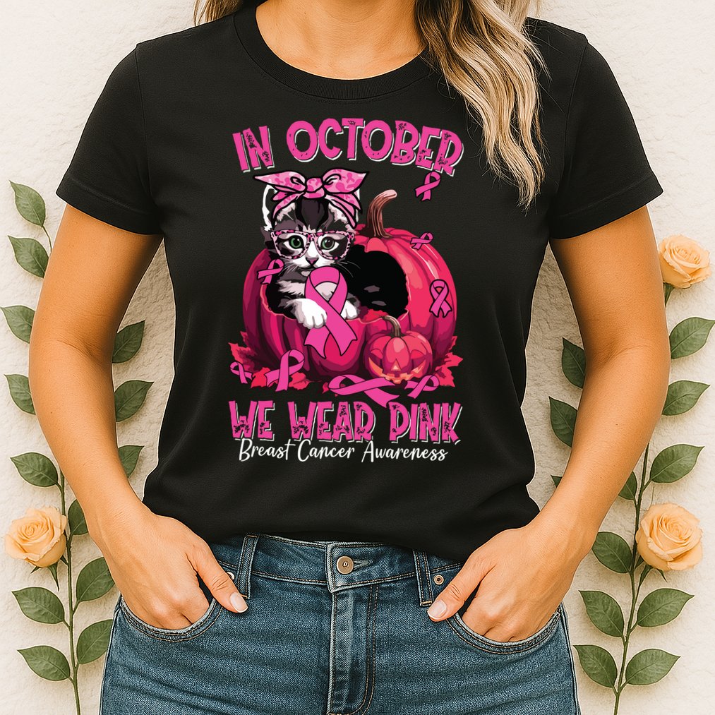 In October We Wear Cat Ribbon Breast Cancer Awareness Womens T-Shirt
