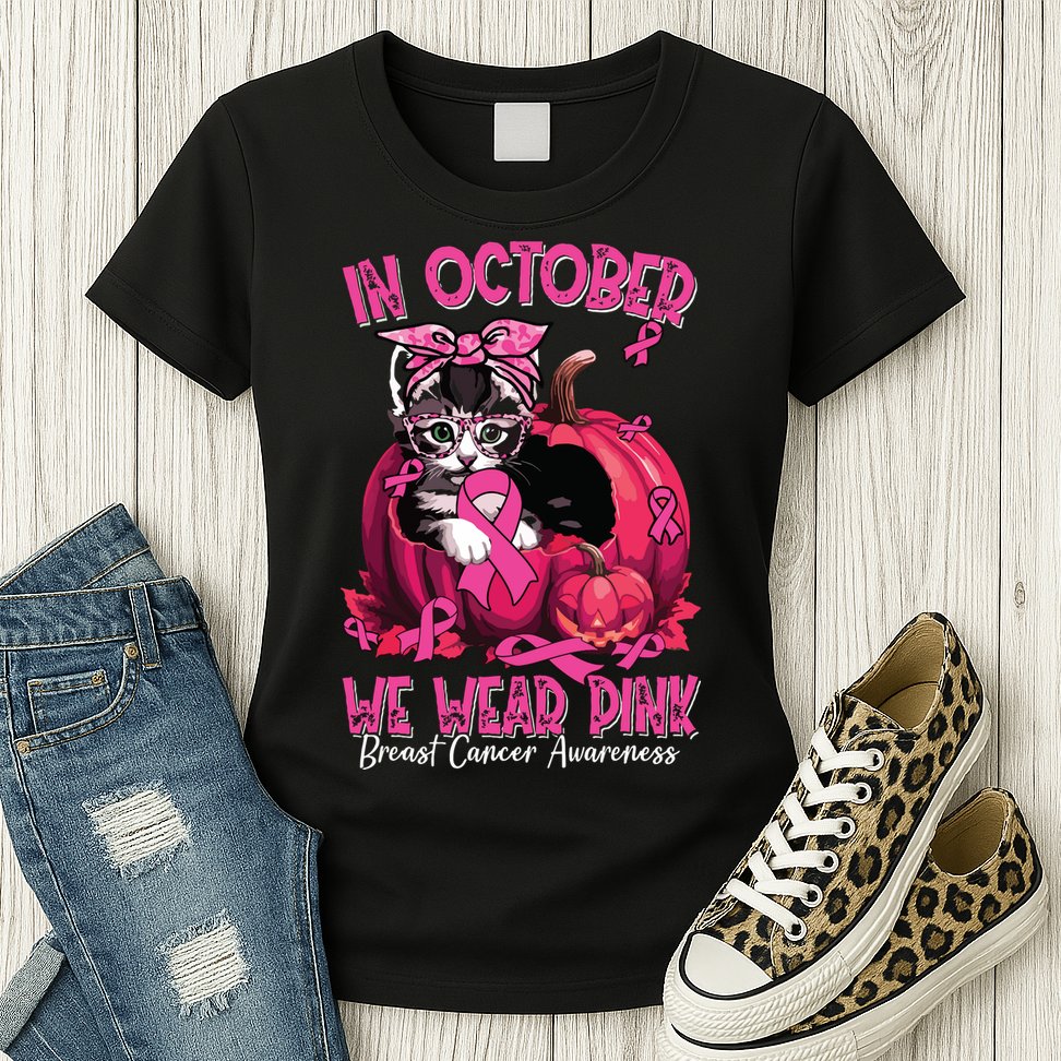 In October We Wear Cat Ribbon Breast Cancer Awareness Womens T-Shirt
