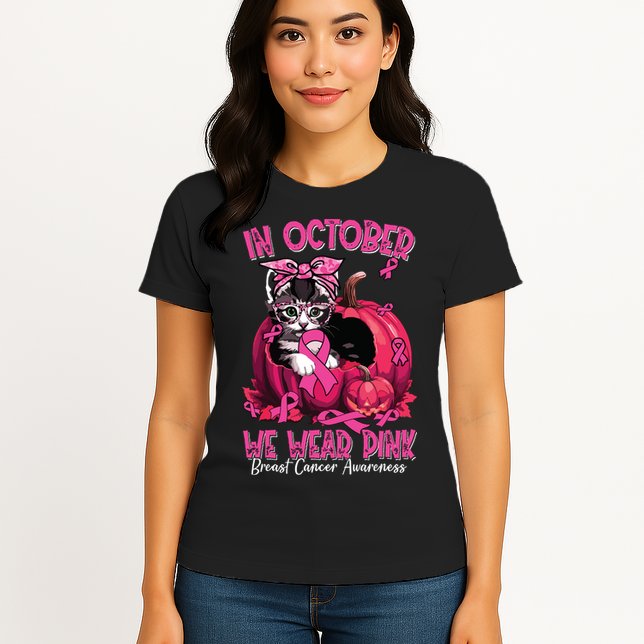 In October We Wear Cat Ribbon Breast Cancer Awareness Womens T-Shirt