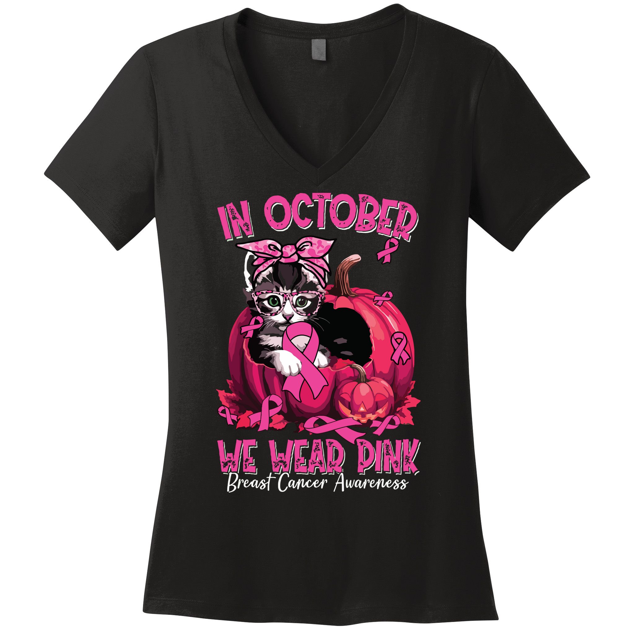 In October We Wear Cat Ribbon Breast Cancer Awareness Women's V-Neck T-Shirt
