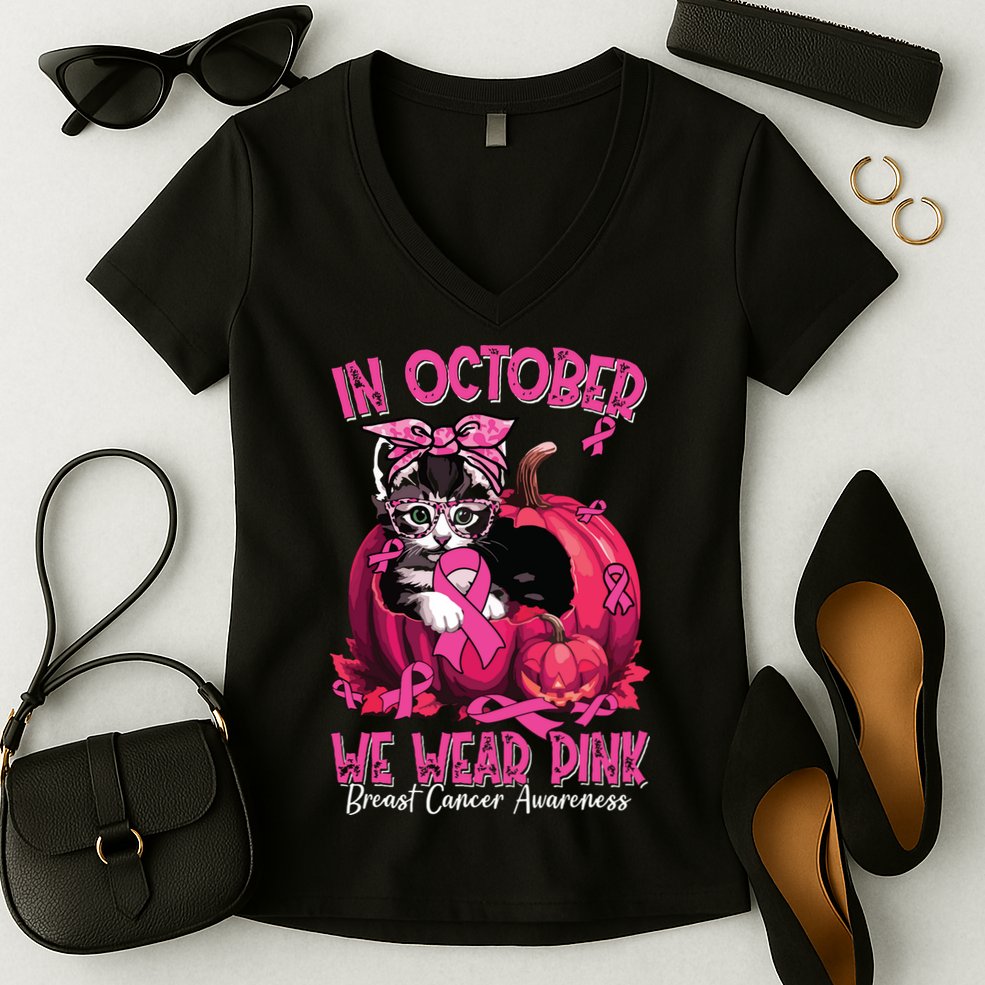In October We Wear Cat Ribbon Breast Cancer Awareness Women's V-Neck T-Shirt