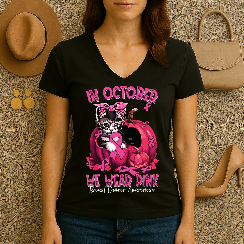 In October We Wear Cat Ribbon Breast Cancer Awareness Women's V-Neck T-Shirt