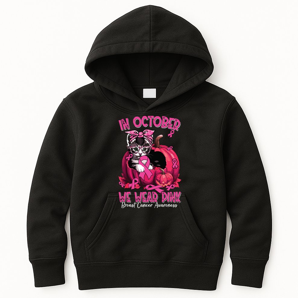 In October We Wear Cat Ribbon Breast Cancer Awareness Kids Hoodie