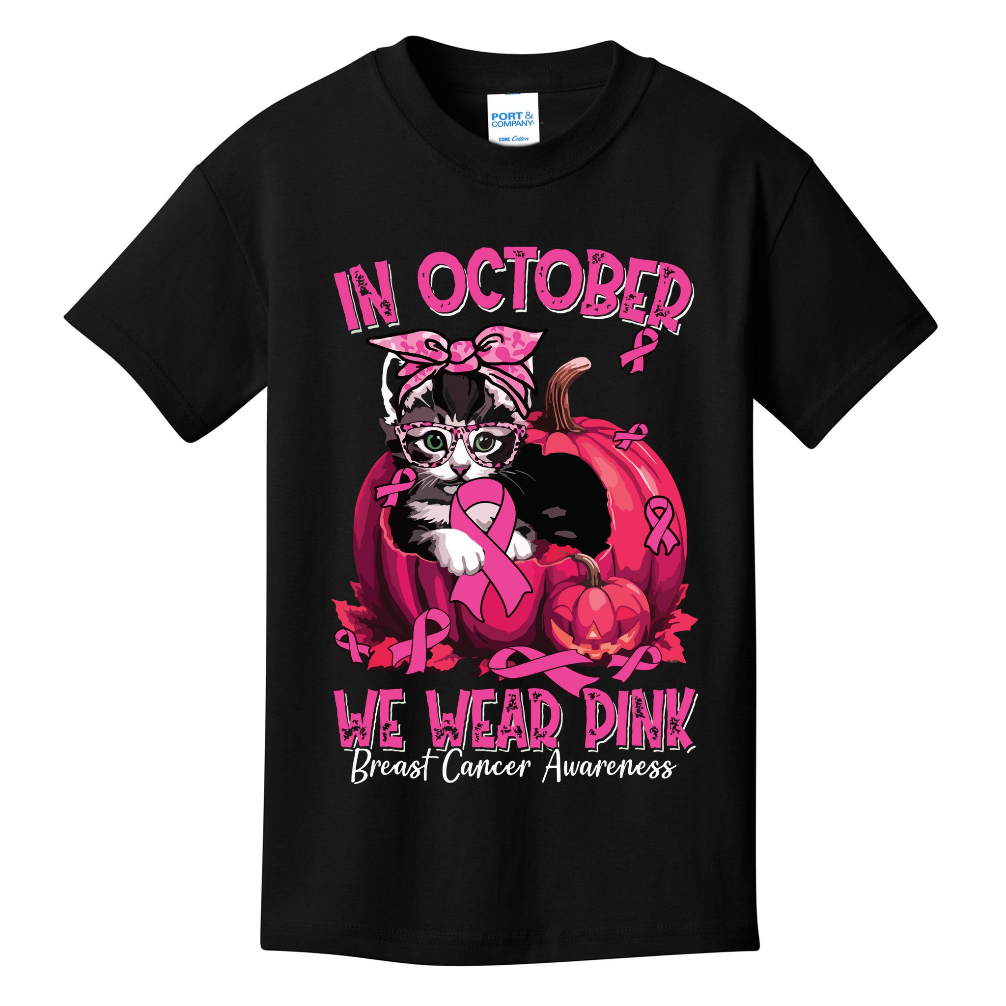 In October We Wear Cat Ribbon Breast Cancer Awareness Kids T-Shirt