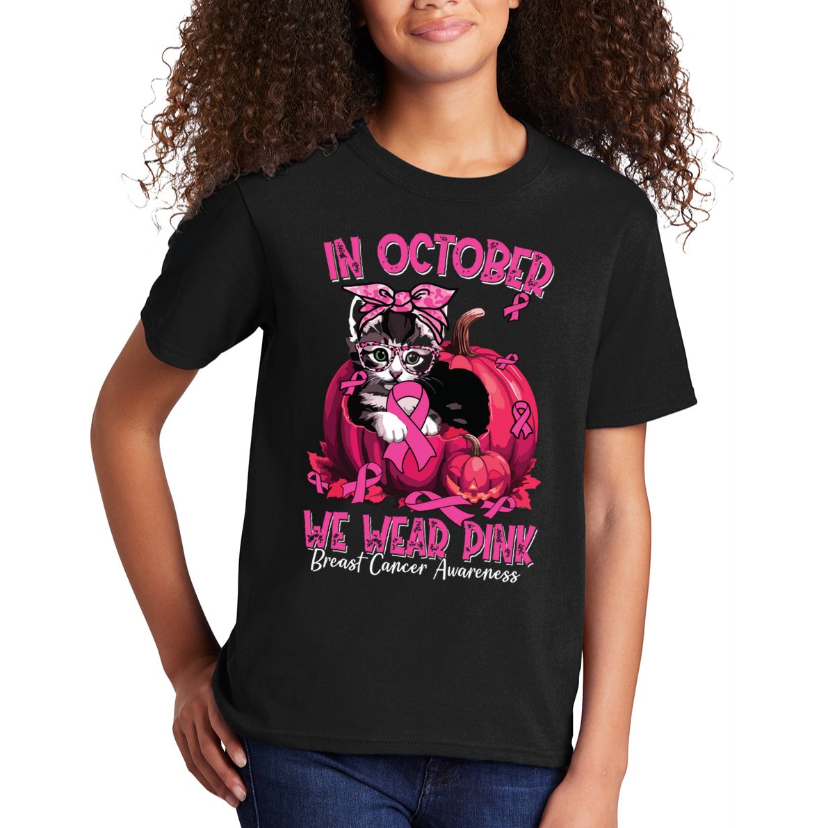 In October We Wear Cat Ribbon Breast Cancer Awareness Kids T-Shirt