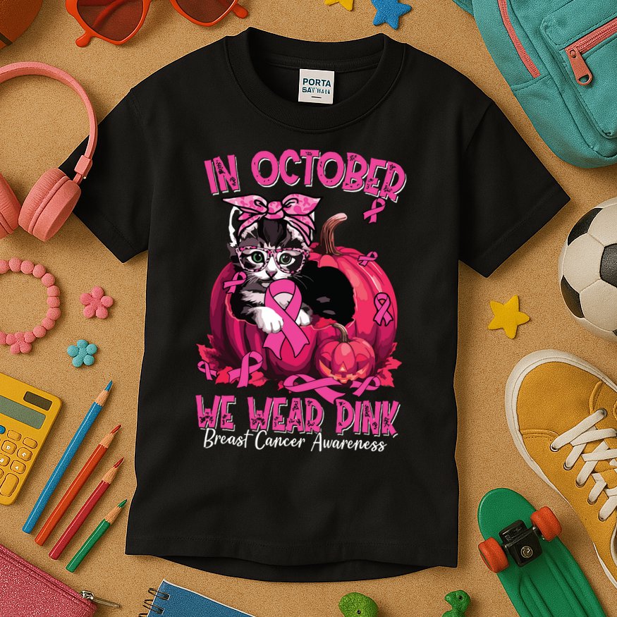 In October We Wear Cat Ribbon Breast Cancer Awareness Kids T-Shirt