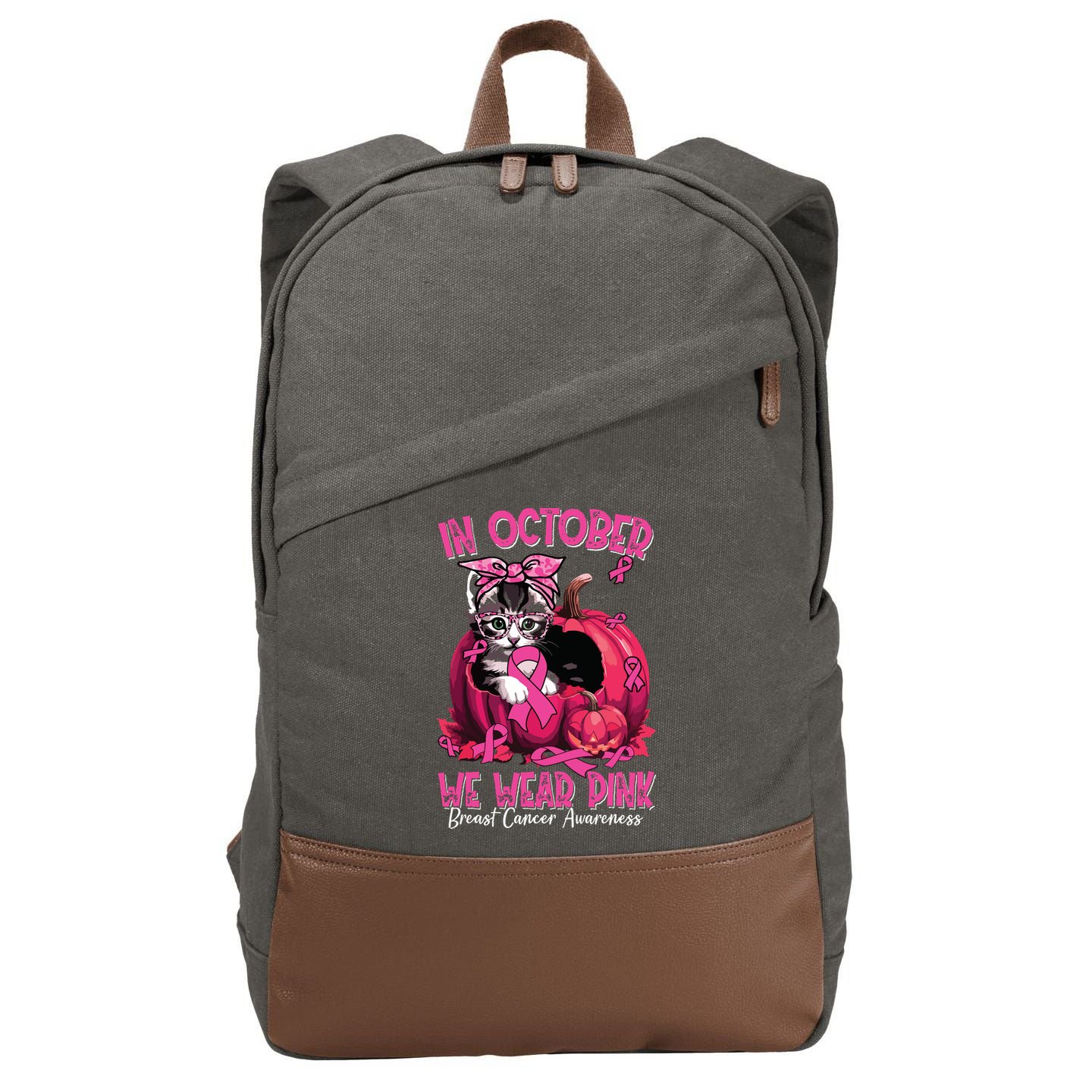 In October We Wear Cat Ribbon Breast Cancer Awareness Cotton Canvas Backpack
