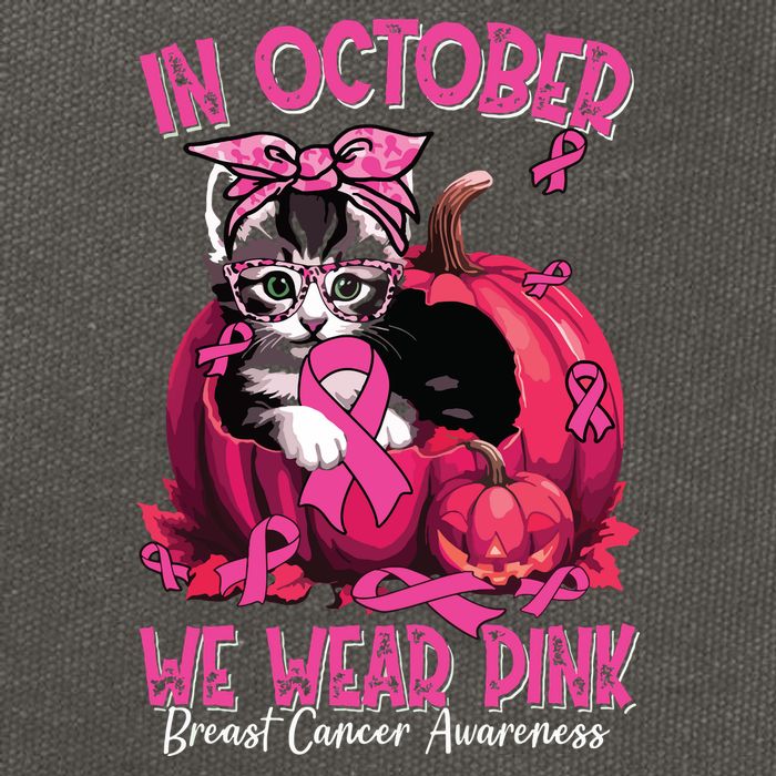In October We Wear Cat Ribbon Breast Cancer Awareness Cotton Canvas Backpack