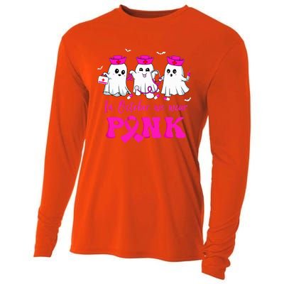 In October We Wear Pink Nurse Ghost Halloween Breast Cancer Cooling Performance Long Sleeve Crew