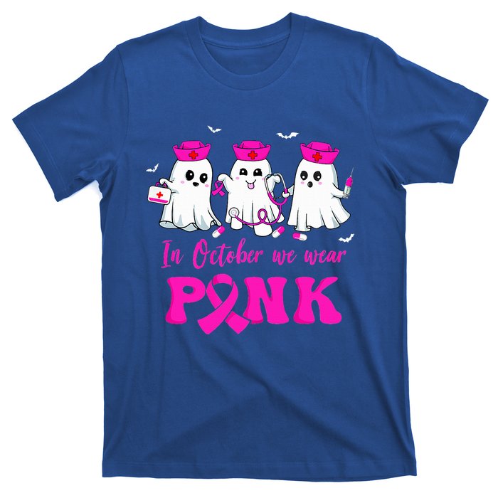 In October We Wear Pink Nurse Ghost Halloween Breast Cancer T-Shirt