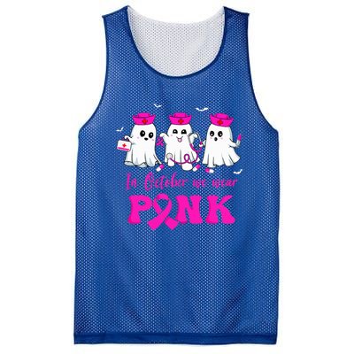 In October We Wear Pink Nurse Ghost Halloween Breast Cancer Mesh Reversible Basketball Jersey Tank