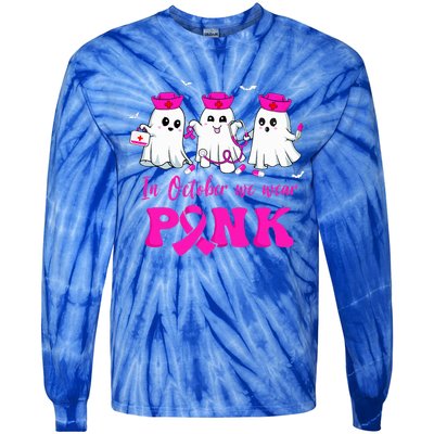 In October We Wear Pink Nurse Ghost Halloween Breast Cancer Tie-Dye Long Sleeve Shirt