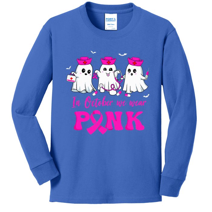 In October We Wear Pink Nurse Ghost Halloween Breast Cancer Kids Long Sleeve Shirt