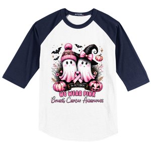 In October We Wear Ghost Witch Breast Cancer Awareness Baseball Sleeve Shirt