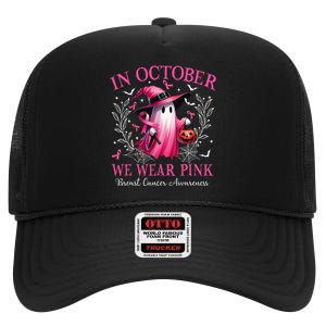 In October We Wear Ghost Witch Breast Cancer Awareness High Crown Mesh Back Trucker Hat