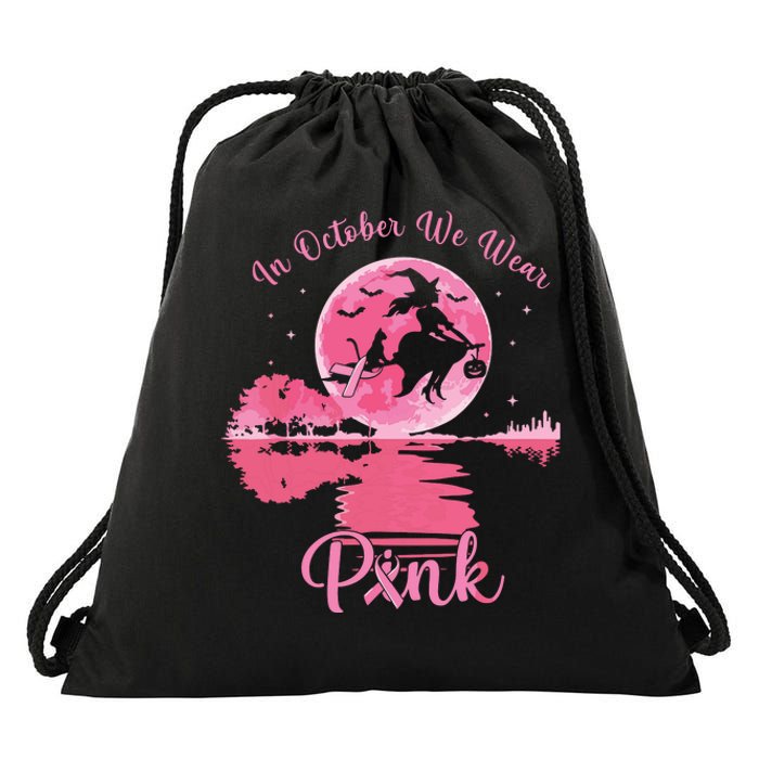 In October We Wear Witch Breast Cancer Halloween Drawstring Bag