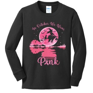 In October We Wear Witch Breast Cancer Halloween Kids Long Sleeve Shirt