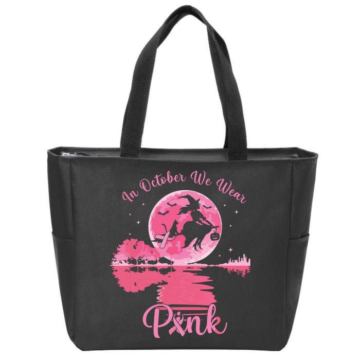 In October We Wear Witch Breast Cancer Halloween Zip Tote Bag