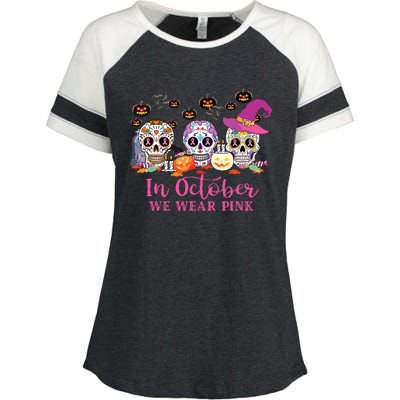 In October We Wear Pink Sugar Skull Breast Cancer Enza Ladies Jersey Colorblock Tee