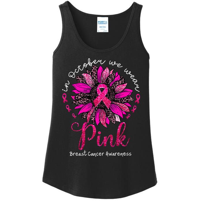 In October We Wear Pink Sunflower Breast Cancer Awareness Ladies Essential Tank