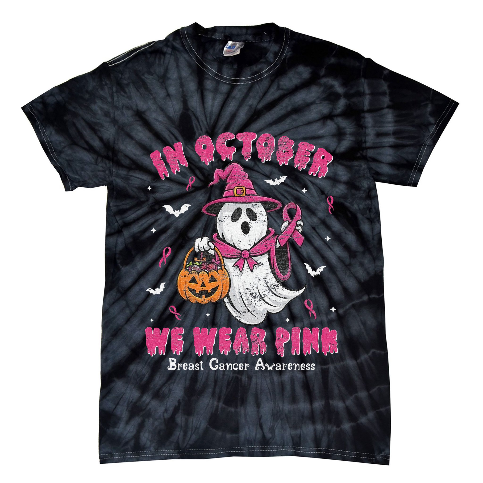 In October We Wear Pin.K Ghost Witch Breast Cancer Awareness Tie-Dye T-Shirt
