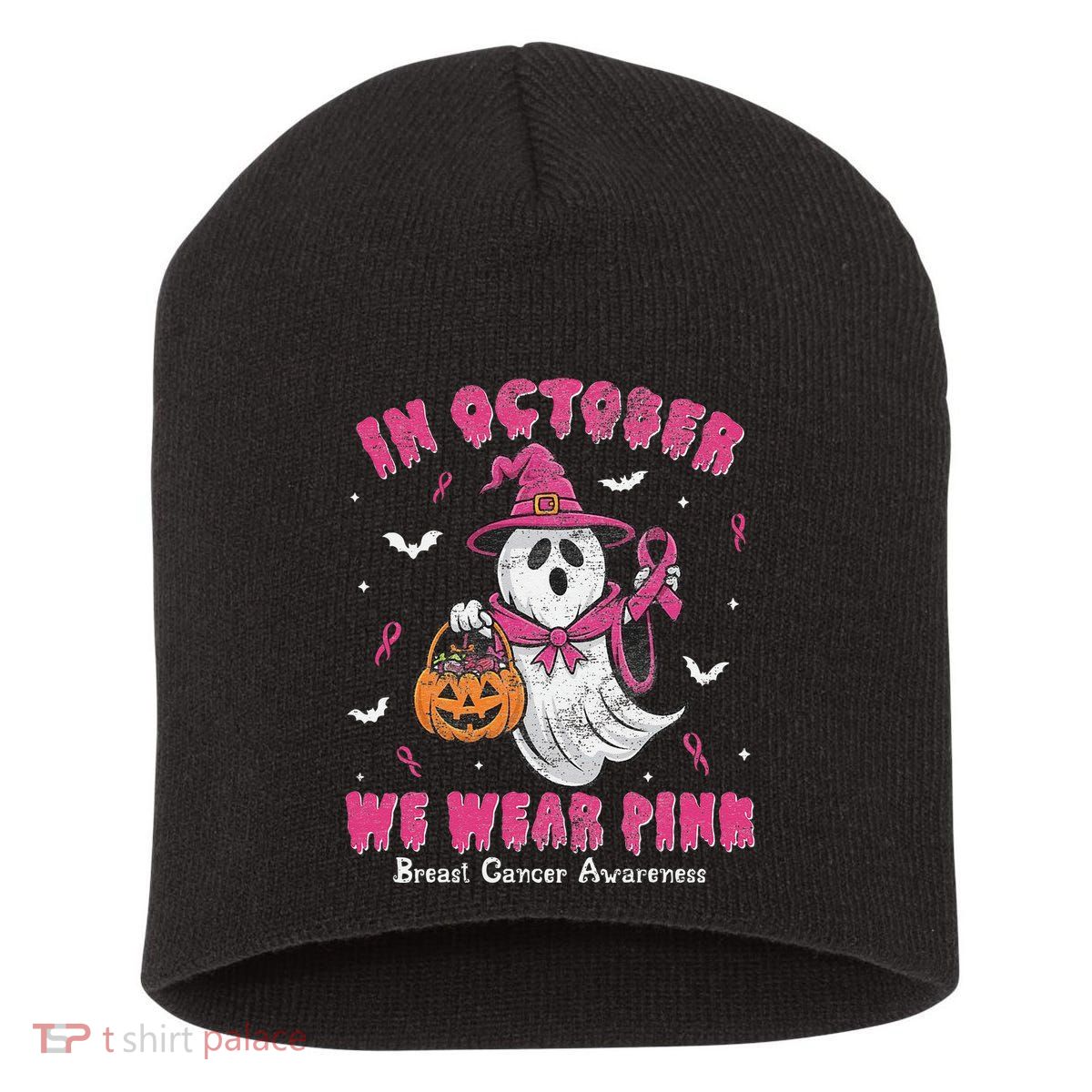 In October We Wear Pin.K Ghost Witch Breast Cancer Awareness Short Acrylic Beanie
