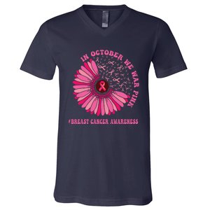 In October We Wear Pink Sunflower Breast Cancer Awareness V-Neck T-Shirt