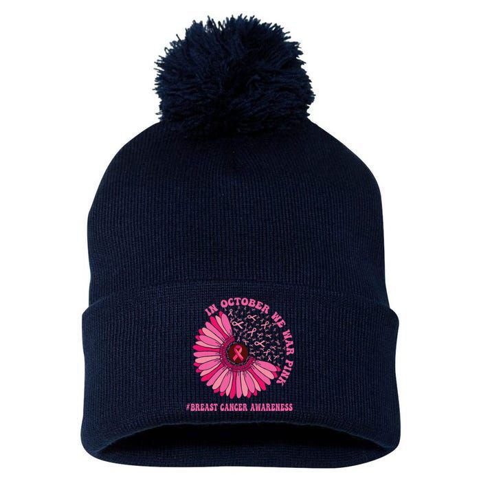 In October We Wear Pink Sunflower Breast Cancer Awareness Pom Pom 12in Knit Beanie