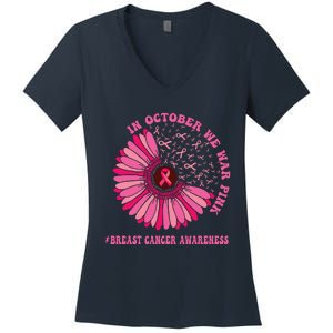 In October We Wear Pink Sunflower Breast Cancer Awareness Women's V-Neck T-Shirt