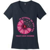 In October We Wear Pink Sunflower Breast Cancer Awareness Women's V-Neck T-Shirt