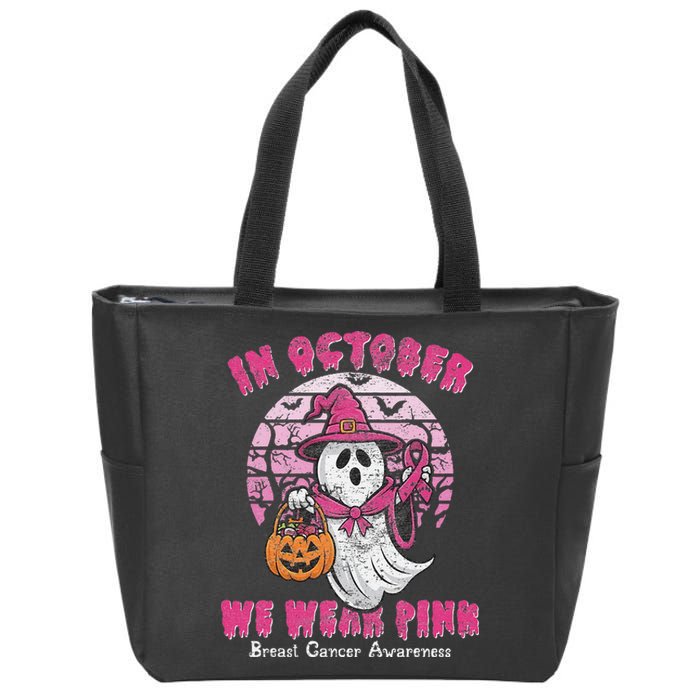 In October We Wear Pin.K Ghost Witch Breast Cancer Awareness Zip Tote Bag