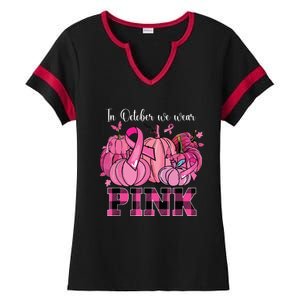 In October We Wear Pink Ribbon Pumpkin Breast Cancer Warrior Ladies Halftime Notch Neck Tee