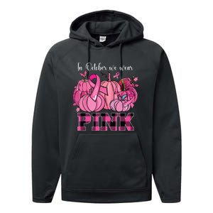 In October We Wear Pink Ribbon Pumpkin Breast Cancer Warrior Performance Fleece Hoodie