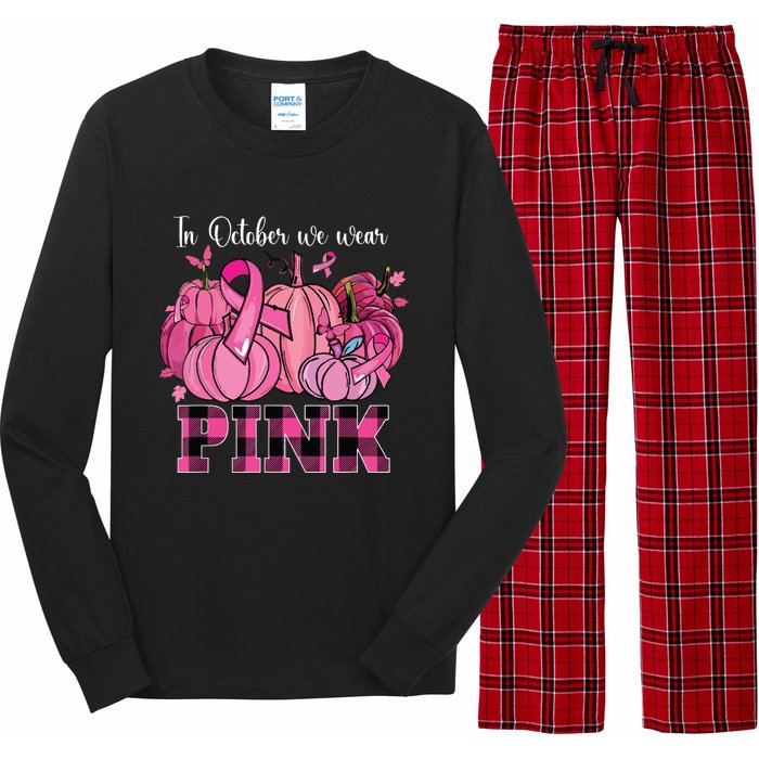 In October We Wear Pink Ribbon Pumpkin Breast Cancer Warrior Long Sleeve Pajama Set