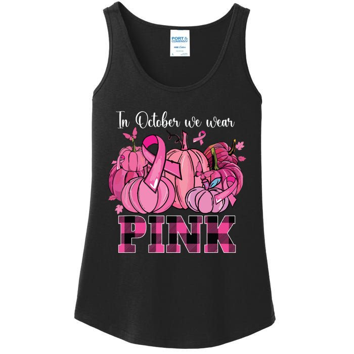 In October We Wear Pink Ribbon Pumpkin Breast Cancer Warrior Ladies Essential Tank