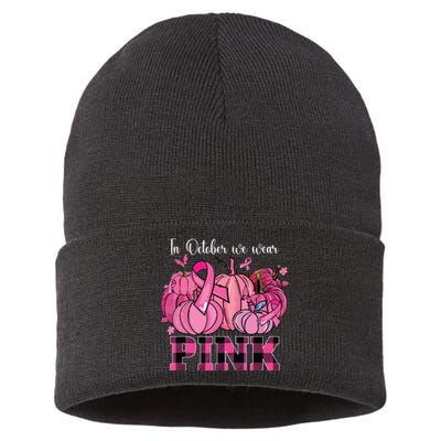 In October We Wear Pink Ribbon Pumpkin Breast Cancer Warrior Sustainable Knit Beanie