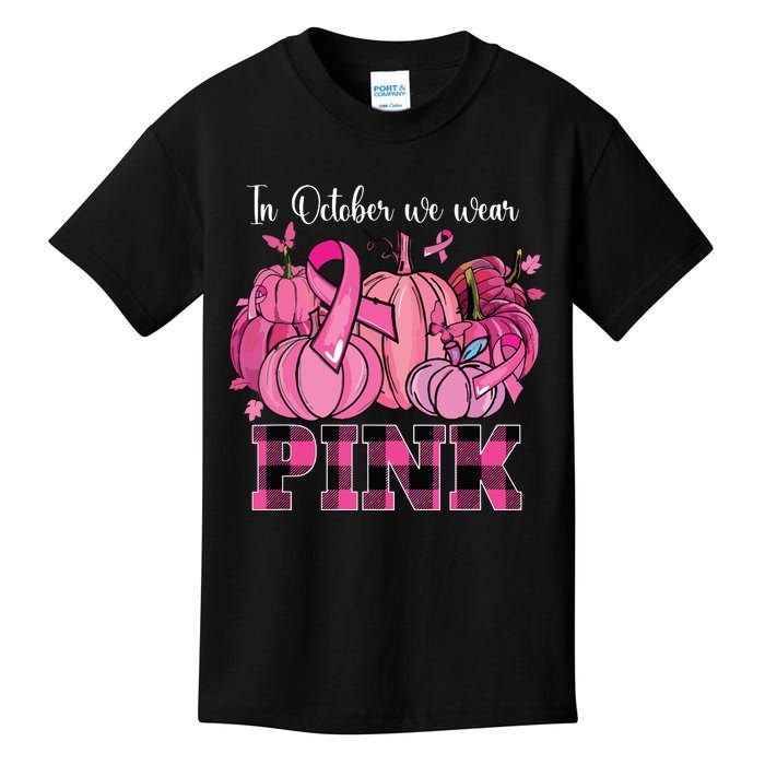 In October We Wear Pink Ribbon Pumpkin Breast Cancer Warrior Kids T-Shirt