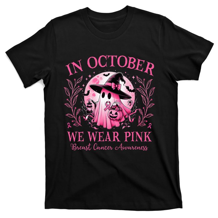 In October We Wear Ghost Witch Breast Cancer Halloween T-Shirt