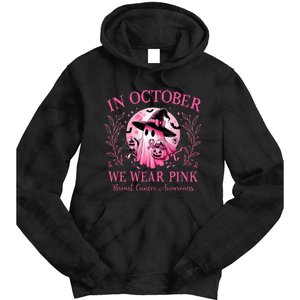 In October We Wear Ghost Witch Breast Cancer Halloween Tie Dye Hoodie